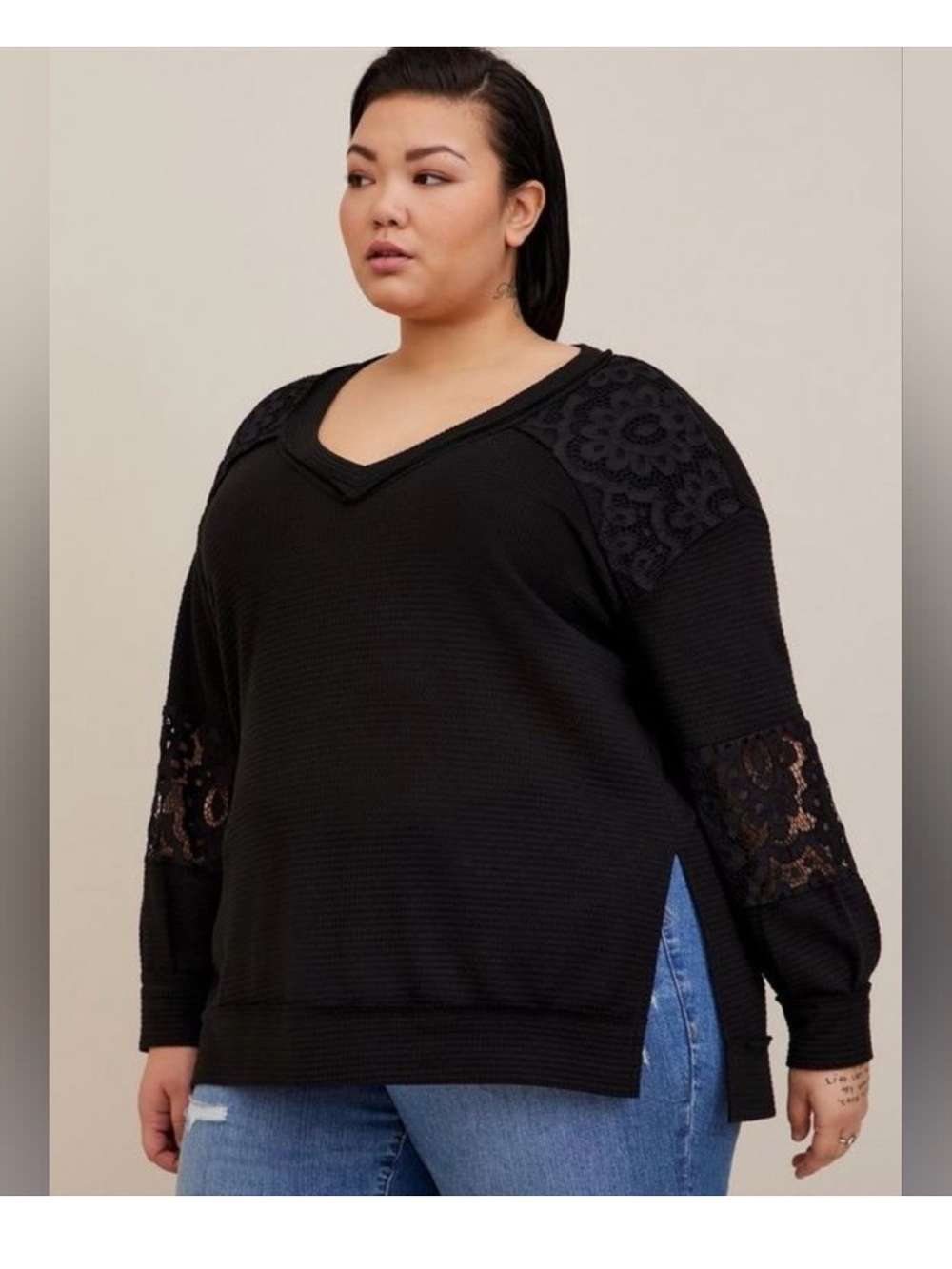 torrid NWT Black V-Neck Lace-Panel Waffle knit Pullover Sweatshirt